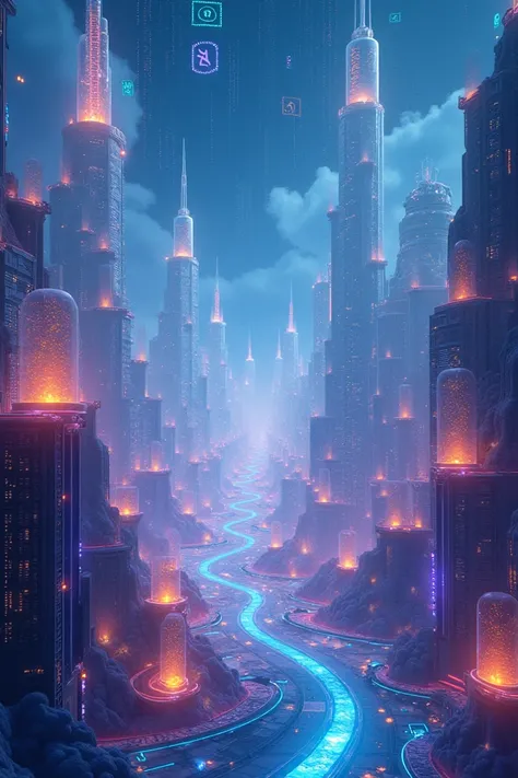 " A futuristic representation of the metaverse and blockchain technology :  a vibrant digital landscape with floating cities made of holographic data,  avatars interacting in virtual spaces ,  and bright blockchains connecting buildings .  The sky is full ...