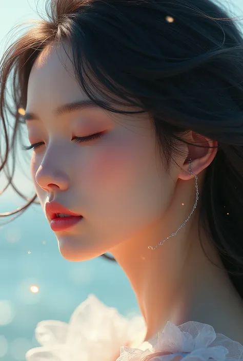 .imagine a close up of a woman with her eyes closed and her hair blowing in the wind, a digital painting by Li Song, tumblr, digital art, glowing face, light falling on face, glowing yellow face, digital art picture, glowing flowing hair, beautiful digital...