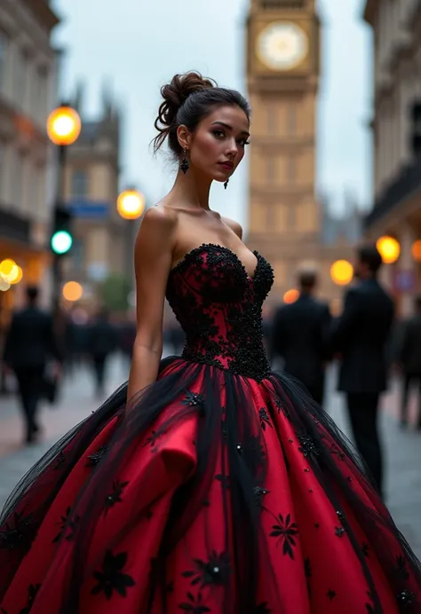 A stunning full-bodied beauty ,  in a black and red ball gown with impeccable features captivates the city streets in a realistic photo shoot, professional and marketing ..  Through the 85 mm lens ,  its attractive gaze creates a magnetic connection with t...