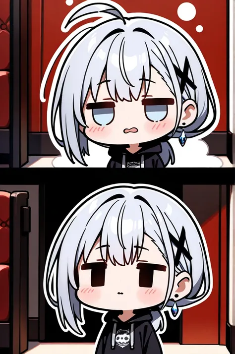  1 girl, whole body,  Chibi,  standing, Thick outline,=_=, masterpiece, best quality
shortcuts, Ahoge, Grey Hair,  Cover one eye with hair,   silver-haired,   Low Ponytail  ,   asymmetrical hairstyle ,  light blue bangs , Disheveled Hair、 Crystal Earrings ...