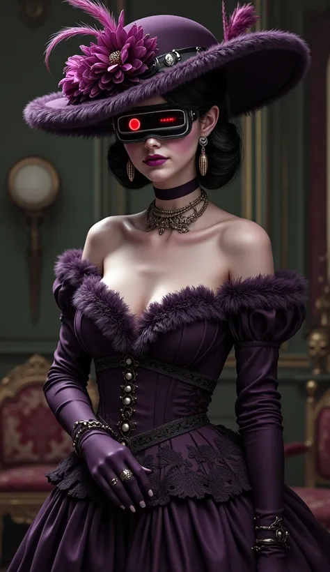 A highly detailed, realistic depiction of Kikyo Zoldyck, exuding an air of elegance mixed with menace. She wears a dark purple bustle gown with intricate details, complemented by a broad-brimmed hat adorned with feathers, fur, and flowers. Her face is part...