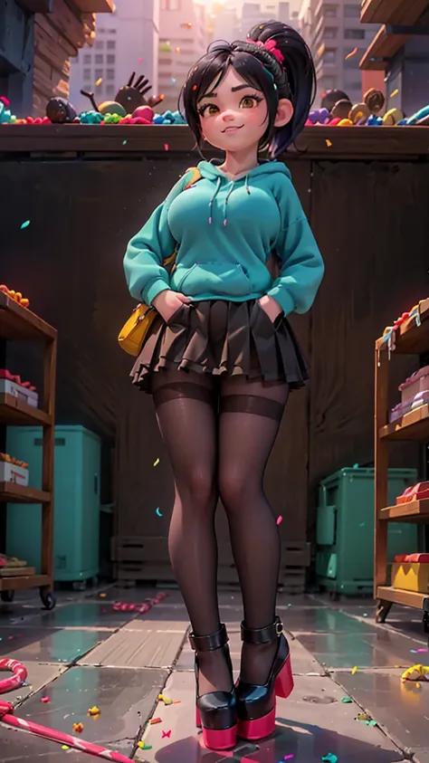 [Wreck_It_Ralph_Movie], ((masterpiece)), ((high quality)), ((HD)), ((beautiful portrait)), ((front view)), ((full body)), ((feet visible, open-toed tall platform high heels, platform high heels)), ((beautiful background)), {vanellope von schweetz, black ha...