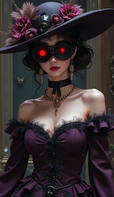 A highly detailed, realistic depiction of Kikyo Zoldyck, exuding an air of elegance mixed with menace. She wears a dark purple bustle gown with intricate details, complemented by a broad-brimmed hat adorned with feathers, fur, and flowers. Her face is part...