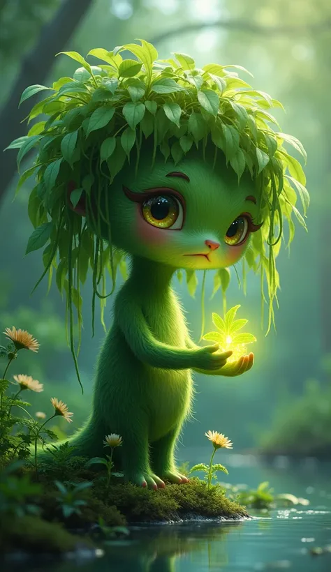 Design a gentle weeping willow tree creature with a long, flowing trunk and cascading, green leaves that form a graceful crown. Its bright, wise eyes peer out from beneath the canopy, full of curiosity. The creature stands near a serene pond, surrounded by...