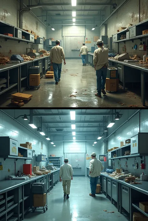  the two images must represent exactly the same internal environment of a food industry,  but one with the environment all dirty , and the other with the clean environment 