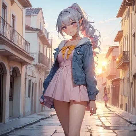 Masterpiece, HD, high resolution, high quality, best quality, super detailed. Solo character alone. Fantasy art.
{{(A 16-years-old female nymph citizen:(appearance: grey-skin. Short-pointy-ears. Beautiful Pink-eyes. Light-blue curly-hair tied in a ponytail...