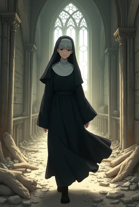 the adult num walking in ruin church, gray midle short hair, gray eyes, black nun unifrom, daytime, anime style, มองที่ผู้ชม, ภาพมุมกว้าง, 