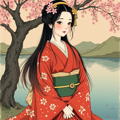 ink-e, pintura japonesa traditional, ink, ink-e style,  japanese paint ,  japanese art style , hokusai style, of hokusai , ukiyoe, ancient, traditional, until japones,  japanese girl wearing a red kimono with a green girdle and white cherry petals design, 