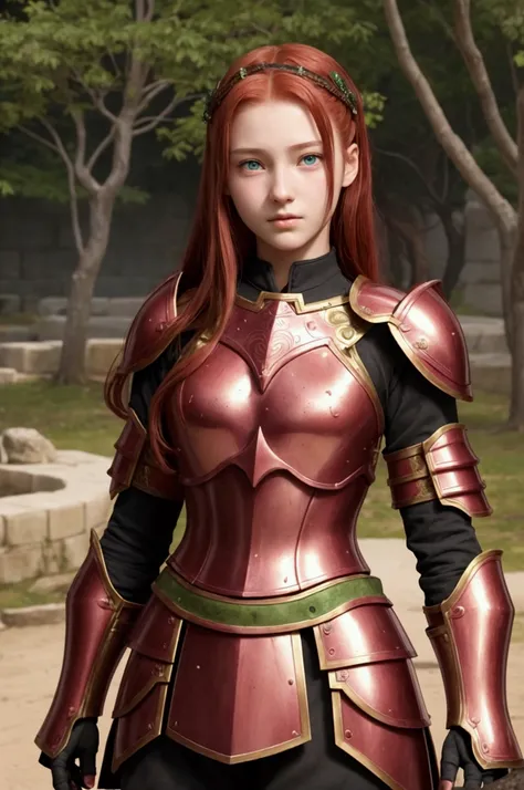 Teen girl, (1.4), , perfect face, age 14, detailed face, detailed face, sakura, green eyes, redhead, warriors, using sexy armor, roman armor, very small breats, full body