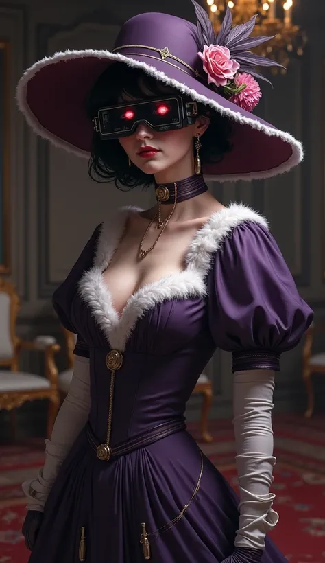 A highly detailed, realistic depiction of Kikyo Zoldyck, exuding an air of elegance mixed with menace. She wears a dark purple bustle gown with  with white trim along the edges,, complemented by a broad-brimmed hat adorned with feathers, fur, and flowers. ...