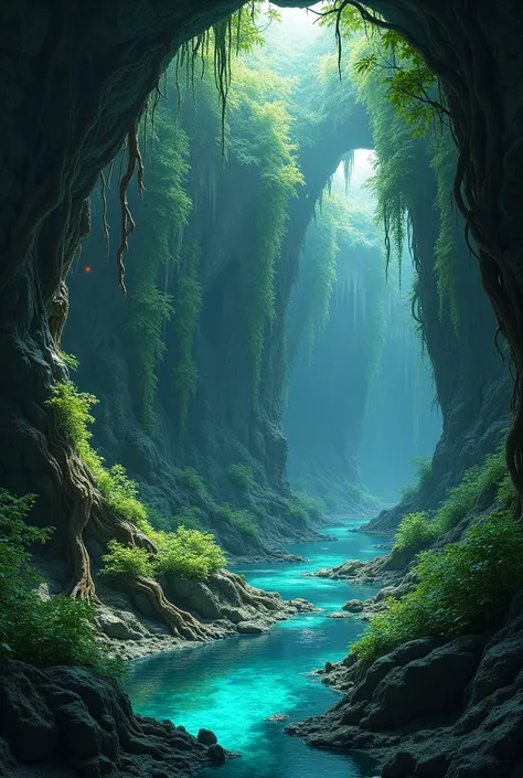 Now create an even deeper cave with trees and bioluminescent vegetation 