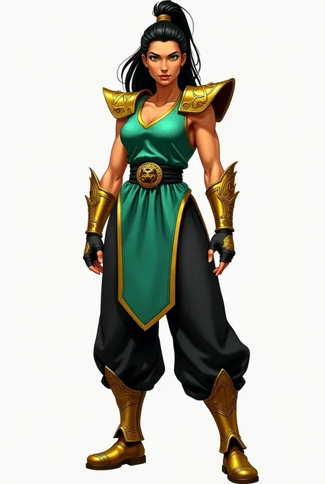 Create a character design of Jade Strike, a Masters of the Universe-style martial artist. She is an athletic Asian woman with golden-toned skin, sharp green eyes, and long black hair tied in a high ponytail. She wears a jade-green sleeveless one-piece tuni...