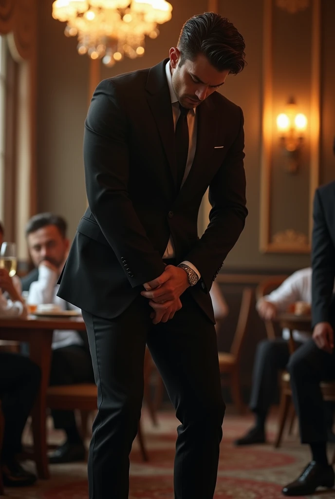 In the restaurant，Young and handsome president， Italian man，sexy sexy，Mens crotch testicles hurt a lot，Man bends down ，Cover your crotch with your hands ， Hold your testicles tightly with both hands。Black suit，Black socks，Black leather shoes。