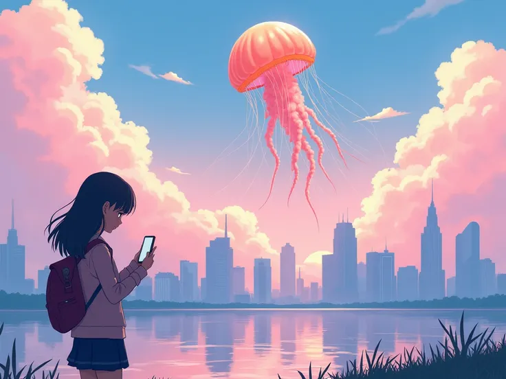 The high school girl was walking along the embankment with her mobile phone in hand, focusing on swiping on it. The giant jellyfish floating in the sky merges with the clouds. Soft light and shadow match the bright sky tones, and the gradients of pink, blu...