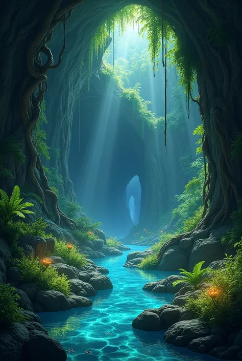 Now create an even deeper cave with trees and bioluminescent vegetation