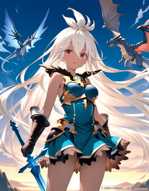 1girl, zooey_(granblue_fantasy), little female, dark-skinned female, very long hair, white hair, red eyes, beautiful detailed eyes, medium breasts,  open mouth, sword, dragon, outdoors, wind, game CG break,((artist:shida_kazuhiro)),(artist:mitsumi_misato),...