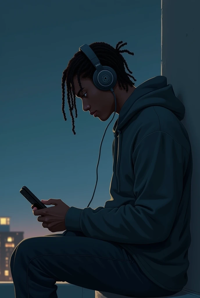 Light skinned brown guy plaited hair with headphones with hoodie over head sitting down with back against a wall at night on a rooftop listening to music while holding phone in one hand sideview