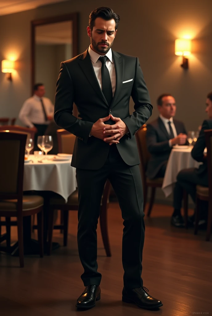 In the restaurant，Young and handsome president， Italian man，sexy sexy，Mens crotch testicles hurt a lot，Man bends down ，Cover your crotch with your hands ， Hold your testicles tightly with both hands。Black suit，Black socks，Black leather shoes。