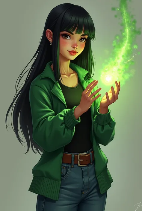 Female RPG character .  A girl of indigenous Brazilian origin .  Practically the natural magic of nature ,  set in a fantasy world. A dark hair that reaches the shoulders in length, with bangs. girl with 1,75 inches tall, Upturned nose, dark and large eyes...