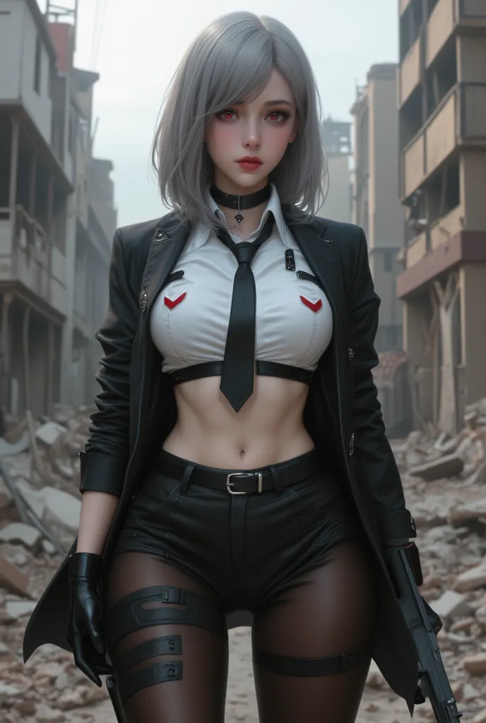 1 girl,  close-up shot, (gray hair,  medium hair ,  big breasts , red eyes), perfect anatomy, city,  cyberpunk style , (( white ...