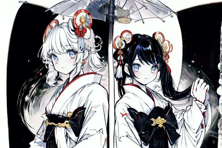  Yin Yang twins , identical ,  one obscure like the black hole and the other illuminated like the rings of Saturn. They dress like traditional Japanese priestesses and the illuminated twin carries a folkloric umbrella.