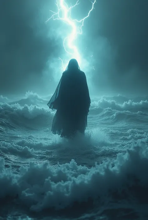 A mysterious figure ,  illuminated by a supernatural light ,  walking on tumultuous waters