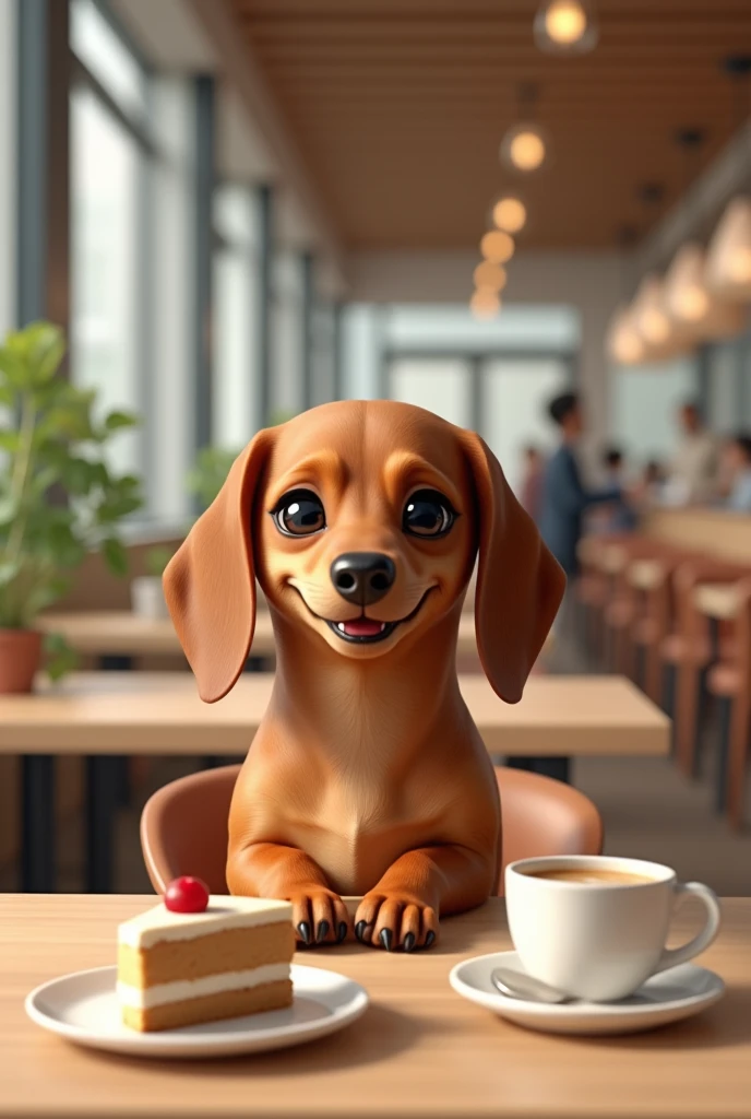 Light brown sausage dog sitting in cafeteria enjoying coffee and cake 