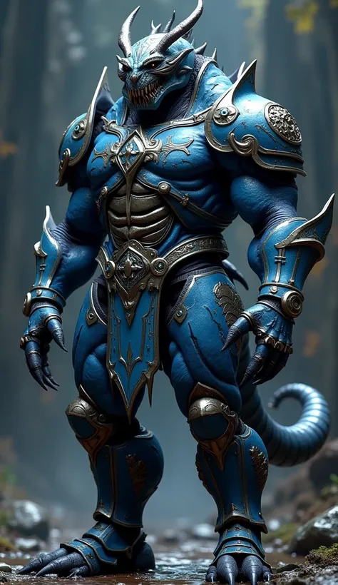 Create a character with the head of a scorpion and half the body of a giant person warrior blue and black armor,  Ultra realistic, ultra detailed.

