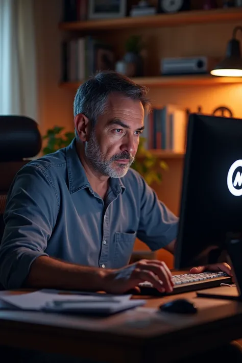 A man sitting in his chair and touching his PC ,  areas of his PC has a logo with the graphic name Moura