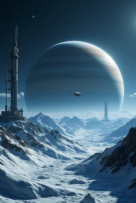  Create a vision of a perfect planet with an icy surface very close to the planet Saturn , As close as possible ,   has space research buildings and ultramodern rocket towers on the surface ,  Sky with a dark starry night ,  has the planet Saturn diagonall...