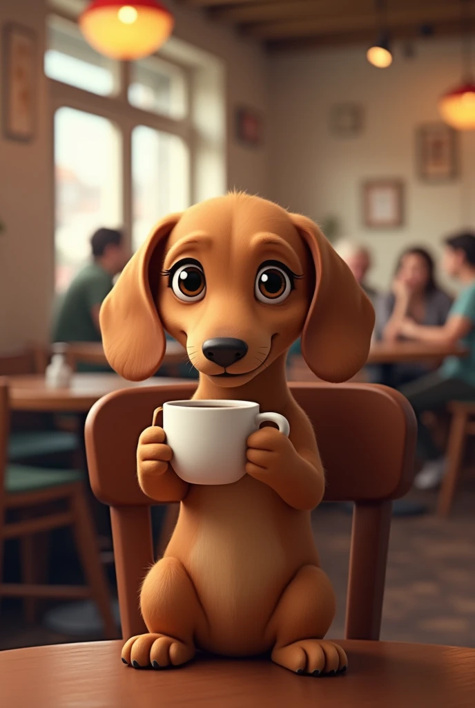 Light brown sausage dog sitting in cafeteria drinking coffee 