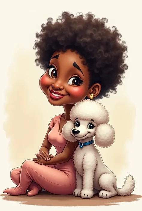 Caricature middle aged black lady with curly hair,  sitting hugging her back with a smooth-haired male white poodle 