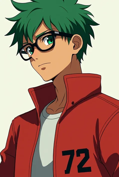 hello, Create an anime-style character with green hair and eyes , pele morena, he wears glasses,  a red jacket and a small number 72 on it in the upper right corner.