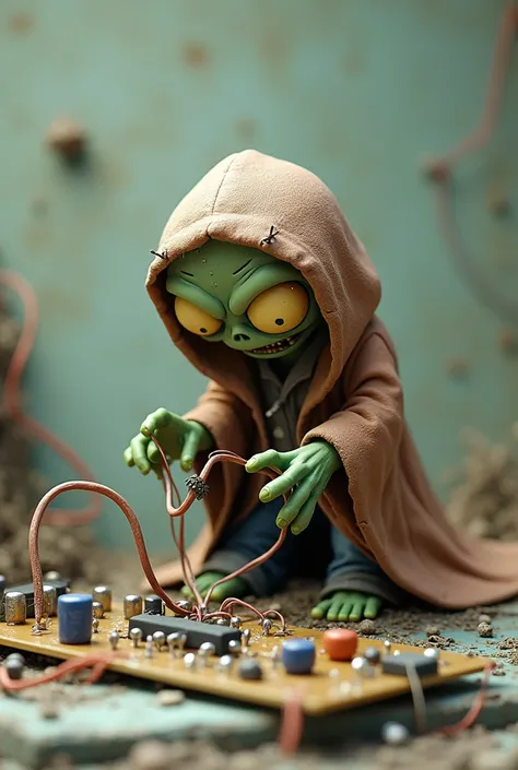 Draw me the smallest zombie in Plants vs. Zombies but that this one is wearing a robe and assembling an electrical circuit on a protoboard in which it is electrocuted