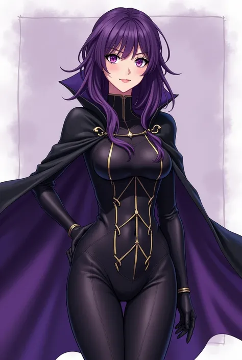 a woman in a black and purple outfit with a cape, an anime drawing by Kamagurka, tumblr, shin hanga, shalltear from overlord, range murata and artgerm, extremely detailed artgerm, in the style artgerm, artgerm style, style artgerm, trending artgerm, artger...