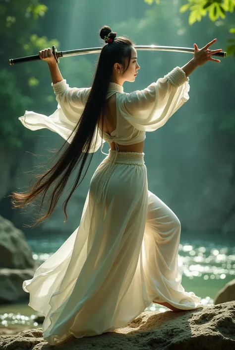 "A Chinese martial arts heroine performing a graceful sword dance on a rocky terrain, wearing a lightweight, form-fitting traditional outfit that highlights her silhouette. Her movements are both elegant and captivating, exuding confidence and allure. Her ...