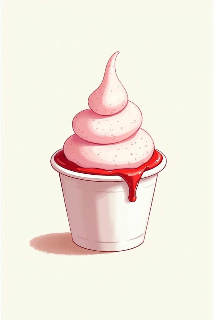 Sketch a picture of soft ice cream in a cup with simple strawberry syrup topping