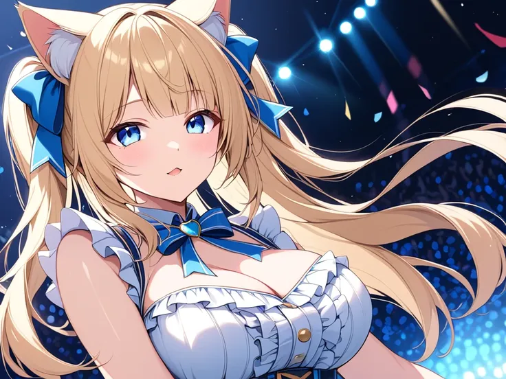  1 girl, solo,  high definition , Blonde, bangs,  blue eyes, ribbon, Cat ears,  Shortcut ,  Big Breasts , Idol,Frills