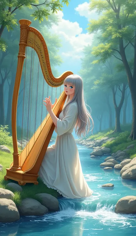 An anime illustration style depicting a beautiful girl with blue eyes and long silver hair playing a large gold harp beside a gurgling stream. Her linen gown blended with the flowing water. Soft light and shadow match the bright sky tones, and the gradient...