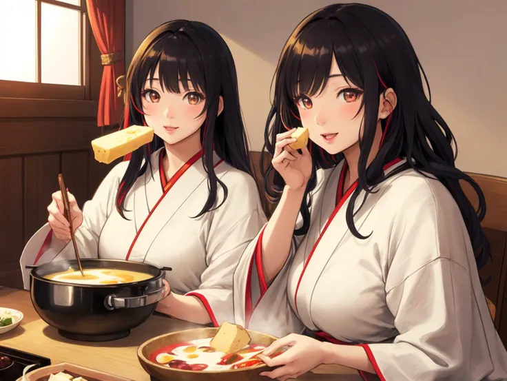 cute japanese girls,1girl,2girls,eating cheese fondue,happy expression,dynamic angles,highly detailed,photorealistic,masterpiece,cinematic lighting,warm colors,vibrant colors,soft focus,depth of field,intricate details,beautiful face,beautiful eyes,beautif...