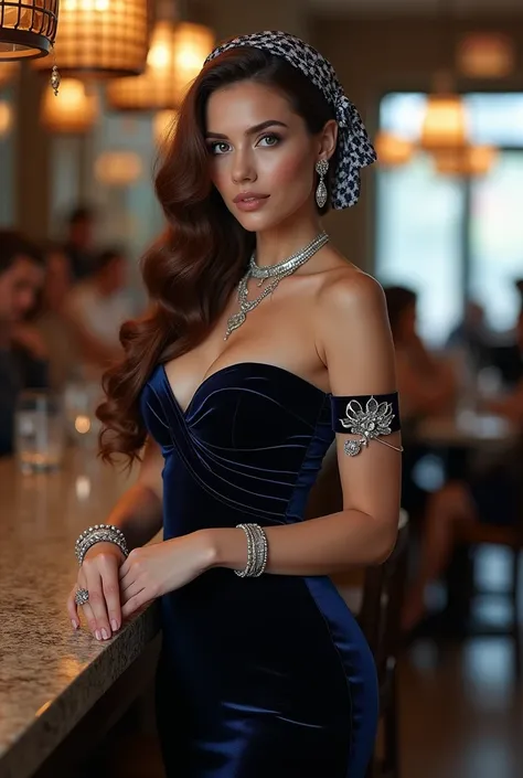 A set of beautiful silver fashion accessories  ,[picture,  Scarf tied to a beautiful big bow on her head ,and flower 
，  retro style  ,   Beautiful long-haired brown-haired woman wearing dark blue clothes and vintage ornaments .  with a full chest standing...