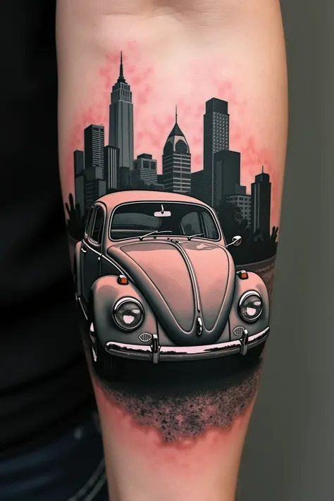 Black and gray tattoo of a VW beetle with Los Angeles buildings in the background