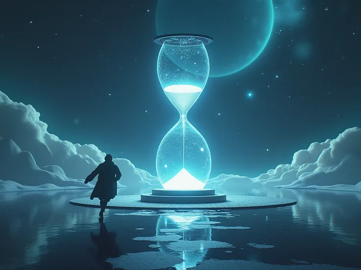 sand watch in a space on a platform with a guy running in the platform with a lot neon lights in the background the universe with stars around and symbols of life with significant of the guy die soon