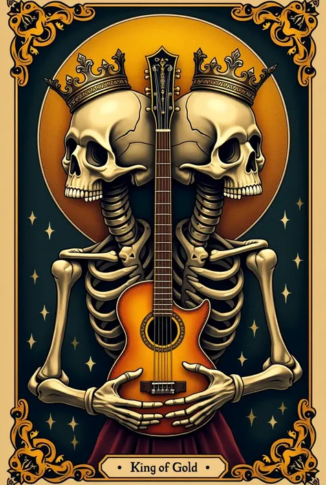 King of Gold Deck Card Tattoo, Skull with guitar in his hands  , mirrored ( 2 faces)