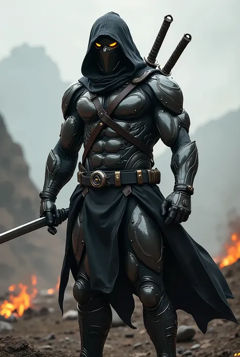 All black metallic cyber ninja. Very muscular chrom gray black metallic suit. Face all covered in metal suit except glowing eyes. This Black leather belt with grenades and with samurai swords on his back. Standing full body head to toe on a scorched. In th...