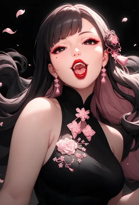 mixed_artwork style, (detailed eyes), (Mature woman), beautiful woman, medium breasts, pink long hair, Side bangs, (black white oriental dress), black eyes, red lipstick, mole under eye, huge body, (open mouth), pretty nails, cute fangs, full view