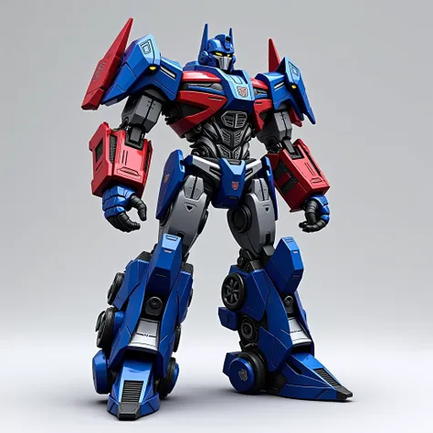 an Transformer inspired by Gipsy Avenger from Pacific Rim and Optimus Prime from Transformers: Age of Extinction. The character should have a tall, imposing build with a sleek, modern armor design. Use a color scheme of lapis blue, red, black, and grey sil...