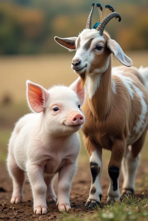 image of a baby pig a baby goat and a baby peacock on a farm 