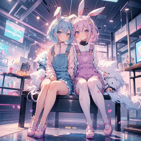  1 girl has , 薄紫とpastelピンクの髪, Two-tone hair, Bunny ears, Fur clothing,  cute eyes from the right, pastel, Light purple overalls, Dream World,  full body lesbian , Duck sitting, ((About )), masterpiece, top-quality,  super high definition 