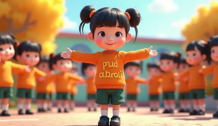 in the 3D animated image of a beautiful and adorable girl with her hair in two buns on top and bangs, wearing an orange long-sleeved kindergarten sweater uniform with the words "PAUD Abadi" printed on the front, dark green training pants, short socks, and ...